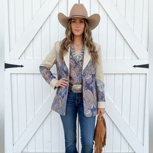 Graver Susan Graver Printed Knit Jacket Suede Shawl Collar 3 Button  Ivory Blue